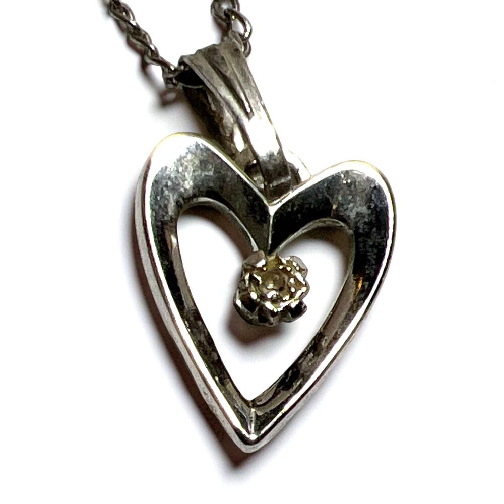 Vintage Amcraft Sterling Silver Diamond Accent Heart Pendant Necklace 18"
